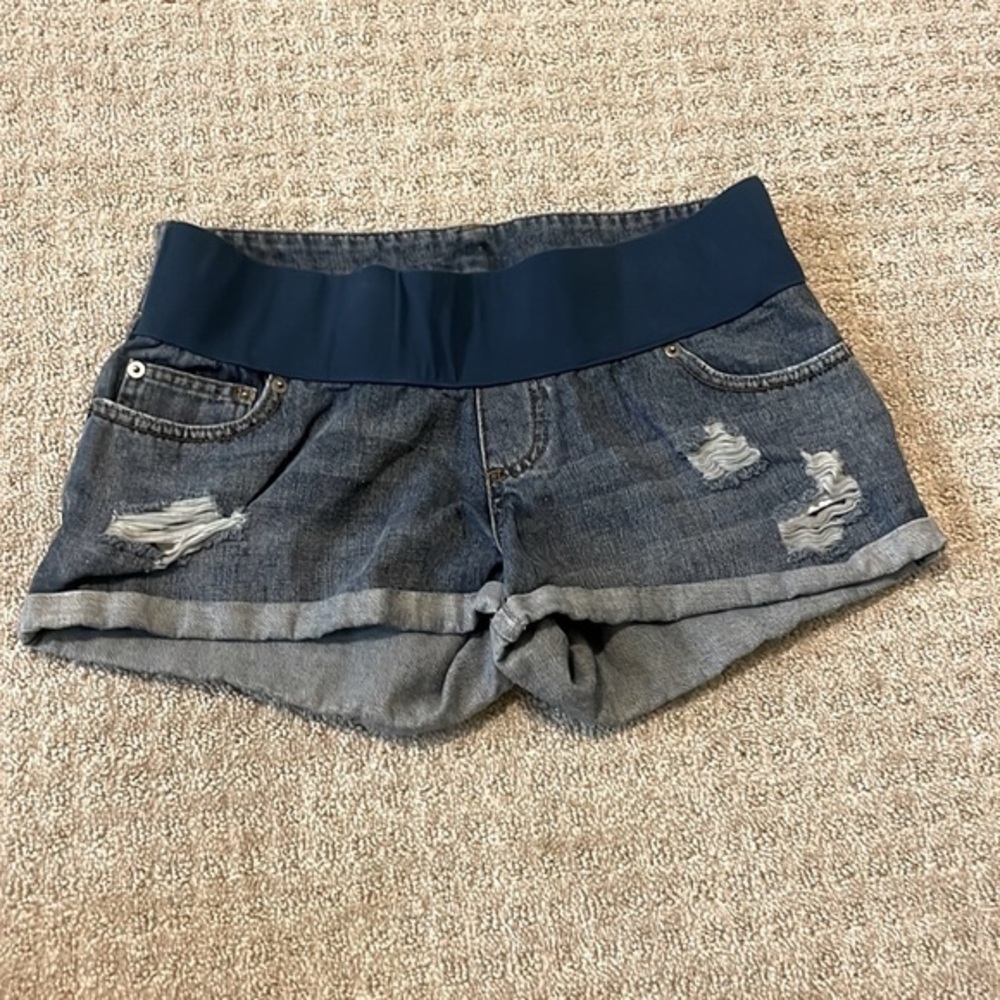Asos Maternity Medium Wash Distressed Rolled Denim Shorts